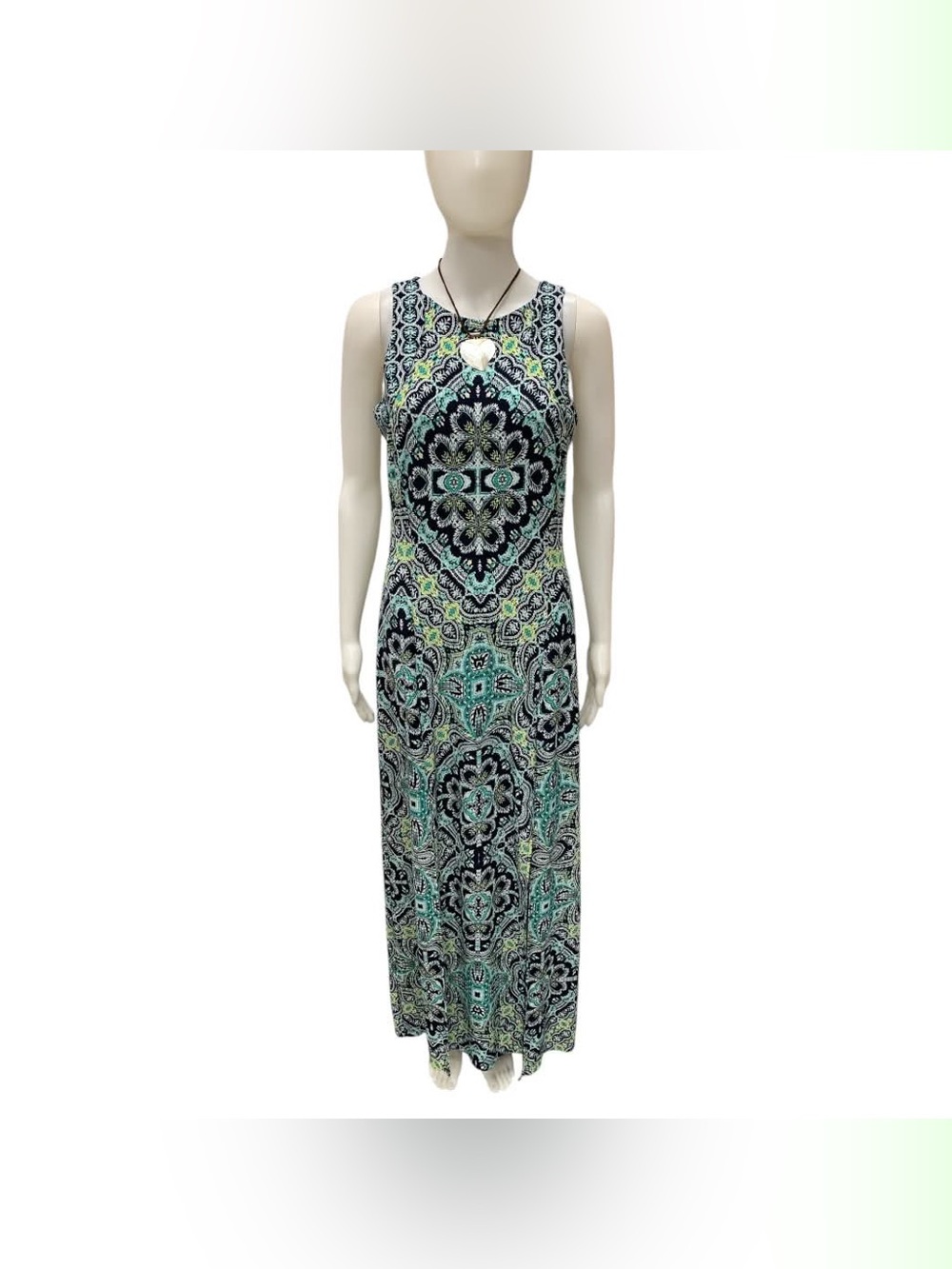 London Times Teal and Black Medallion Print Maxi Dress Size S
